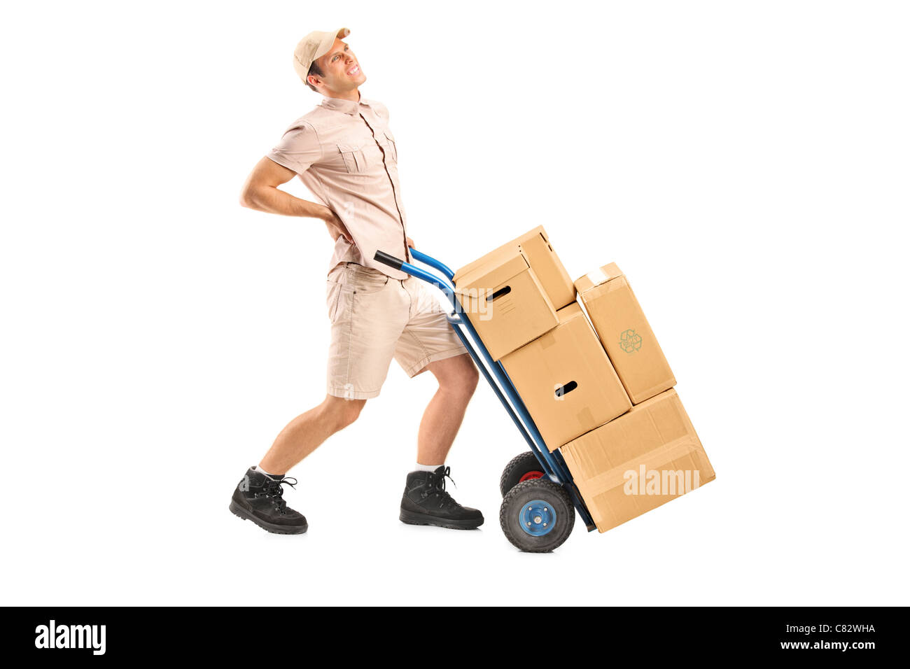 Full length portrait of a delivery boy, suffering from a back pain