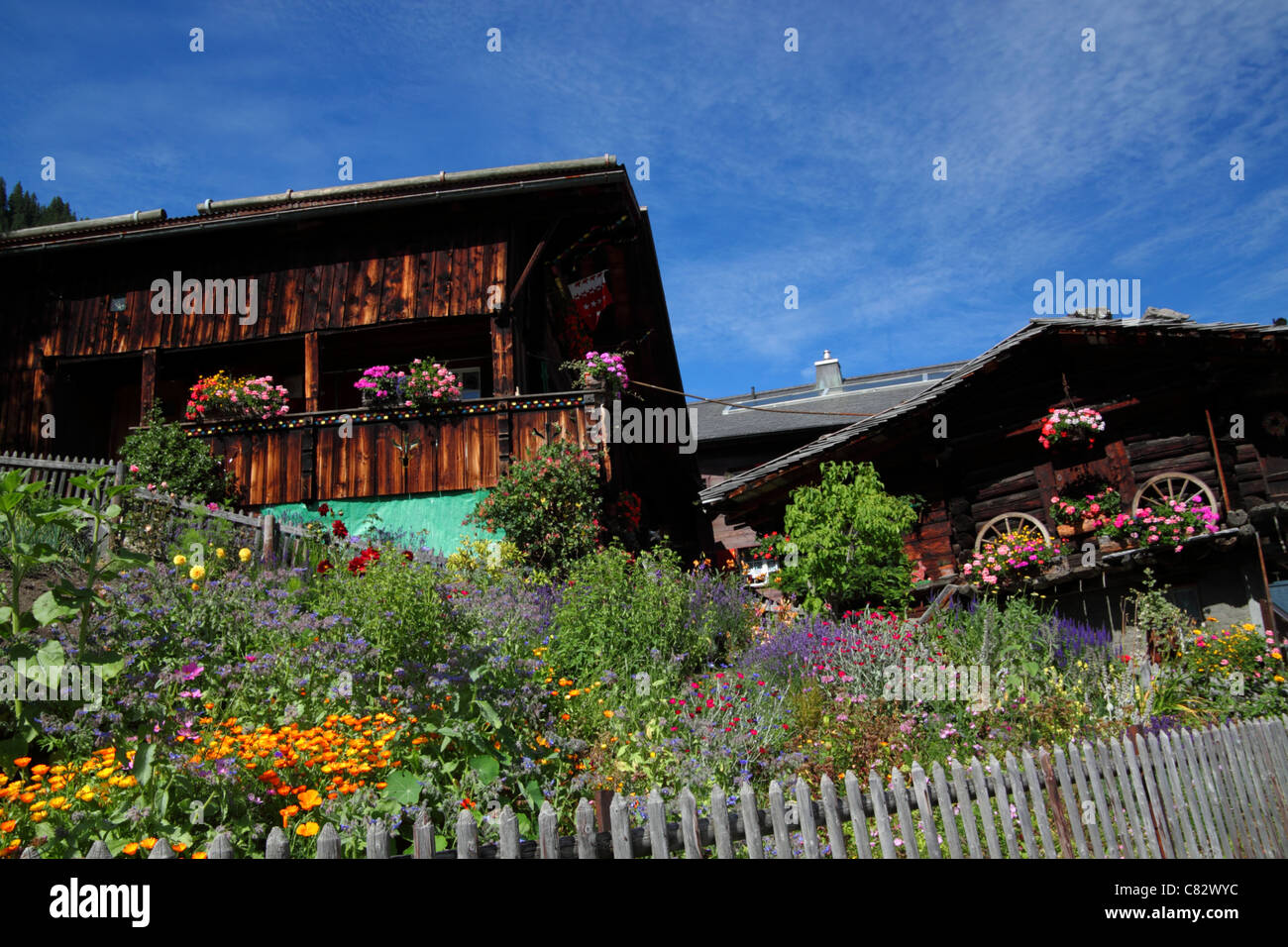 Chalet garden in Murren, Switzerland. Stock Photo