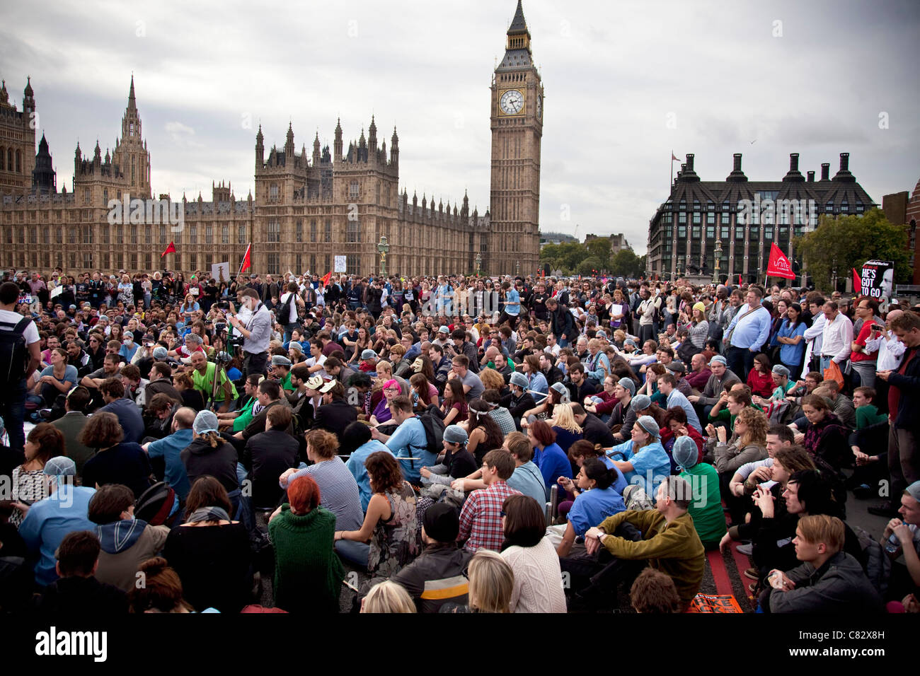 UK Uncut shut down Westminster Bridge, London in a protest / demonstration to block the NHS bill. Stock Photo