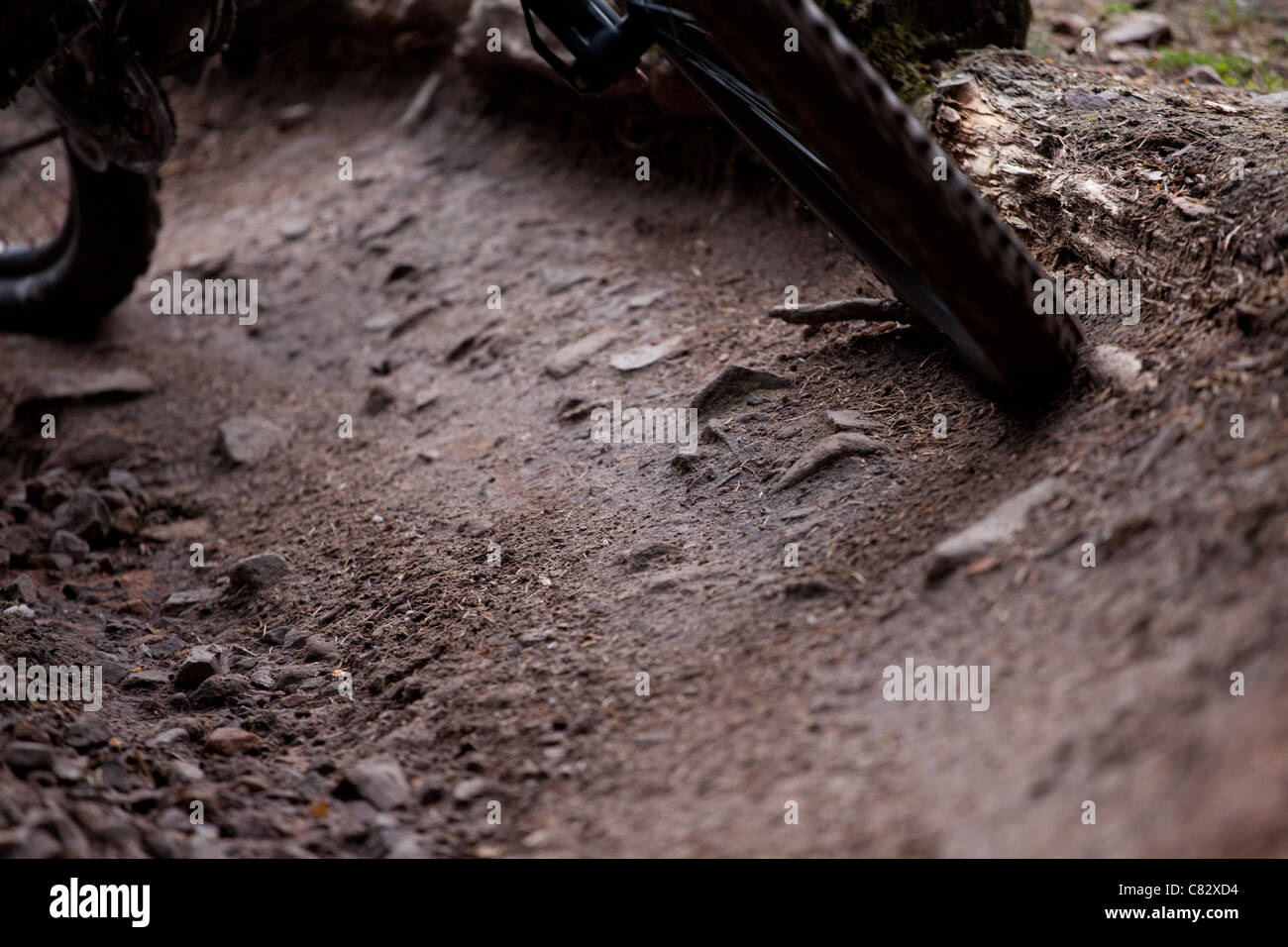Close up shot of the front wheel of a mountain bike riding round a berm Stock Photo