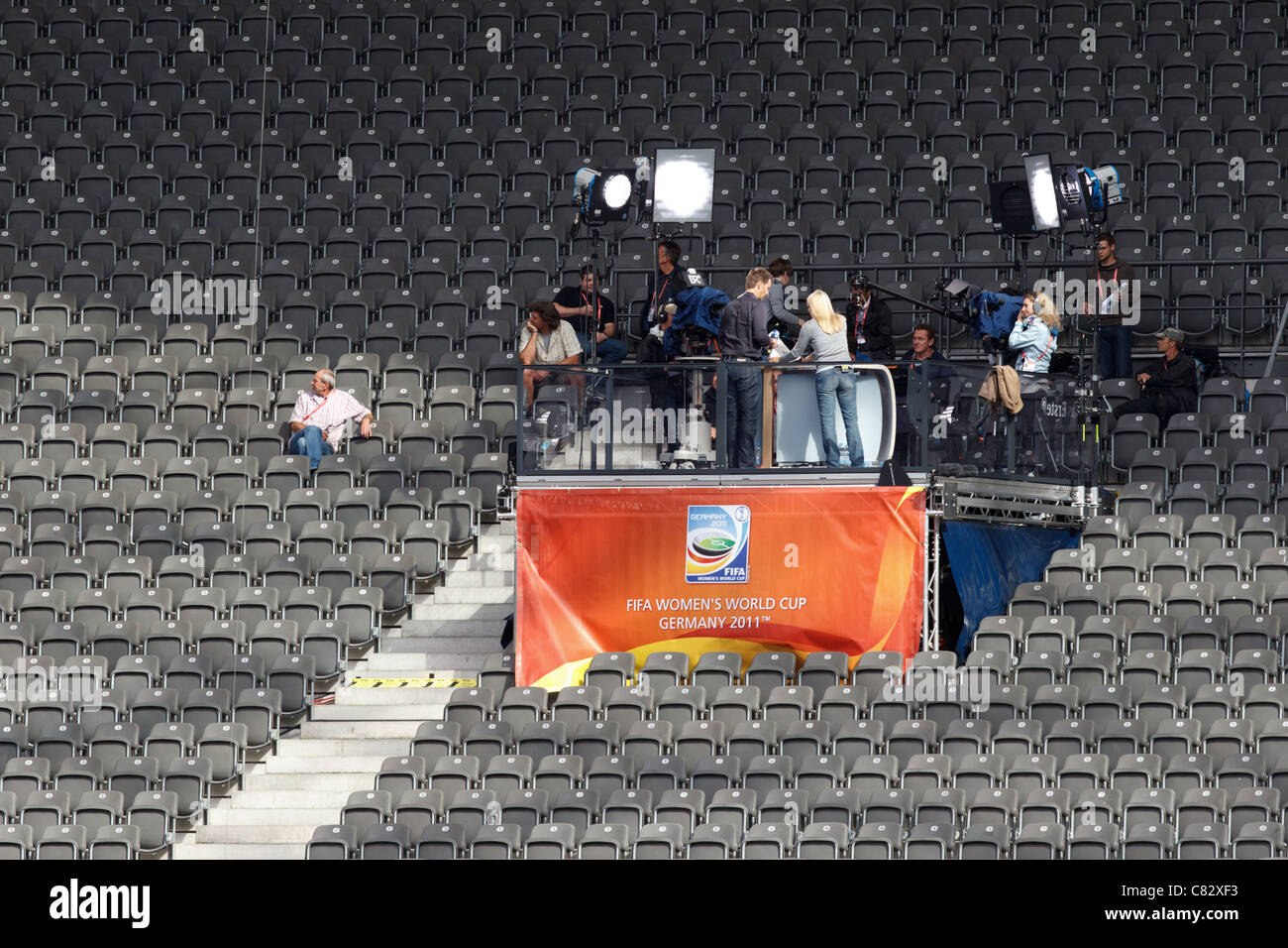 Broadcast media preparations at Olympic Stadium in Berlin, Germany on the eve of the 2011 Women's World Cup soccer tournament. Stock Photo