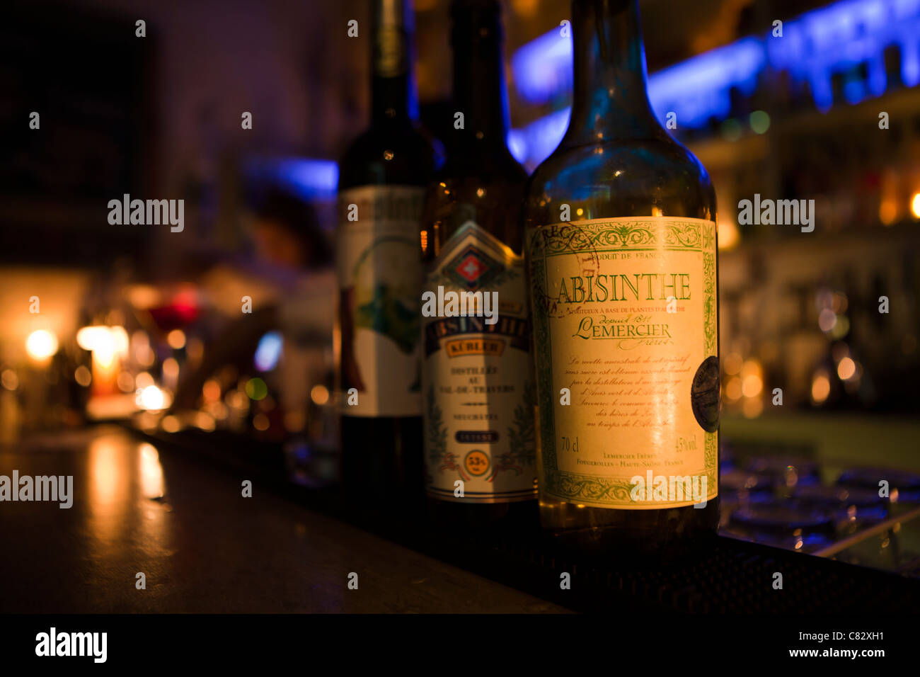 A few varieties of Absinthe on the bar top of a Absinthe bar in Melbourne, Australia Stock Photo