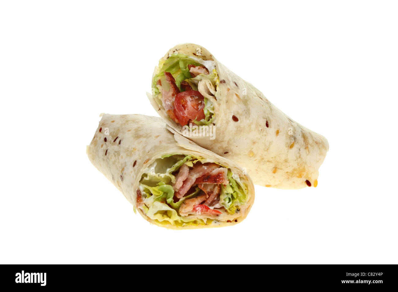Bacon, lettuce and tomato bread wraps isolated against white Stock Photo