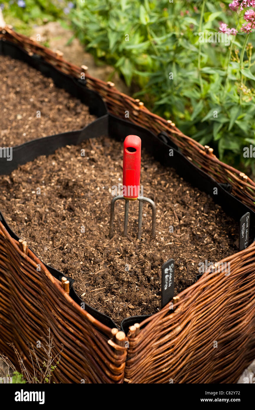Newly sown raised vegetable planter Stock Photo