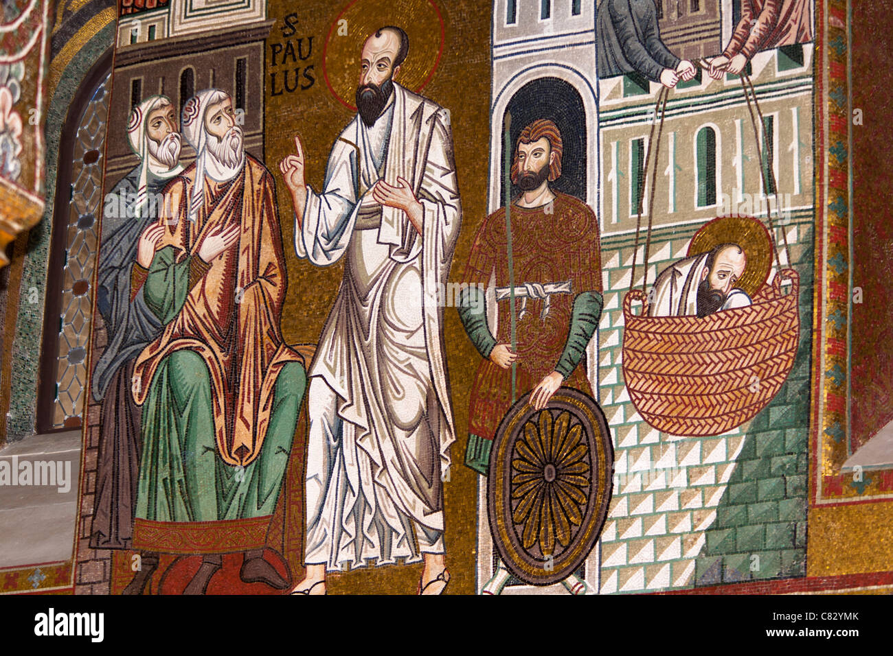 Saint Paul mosaic, depicting his flight from Damascus, Cappella Palatina, Palazzo dei Normanni, Palermo, Sicily, Italy Stock Photo
