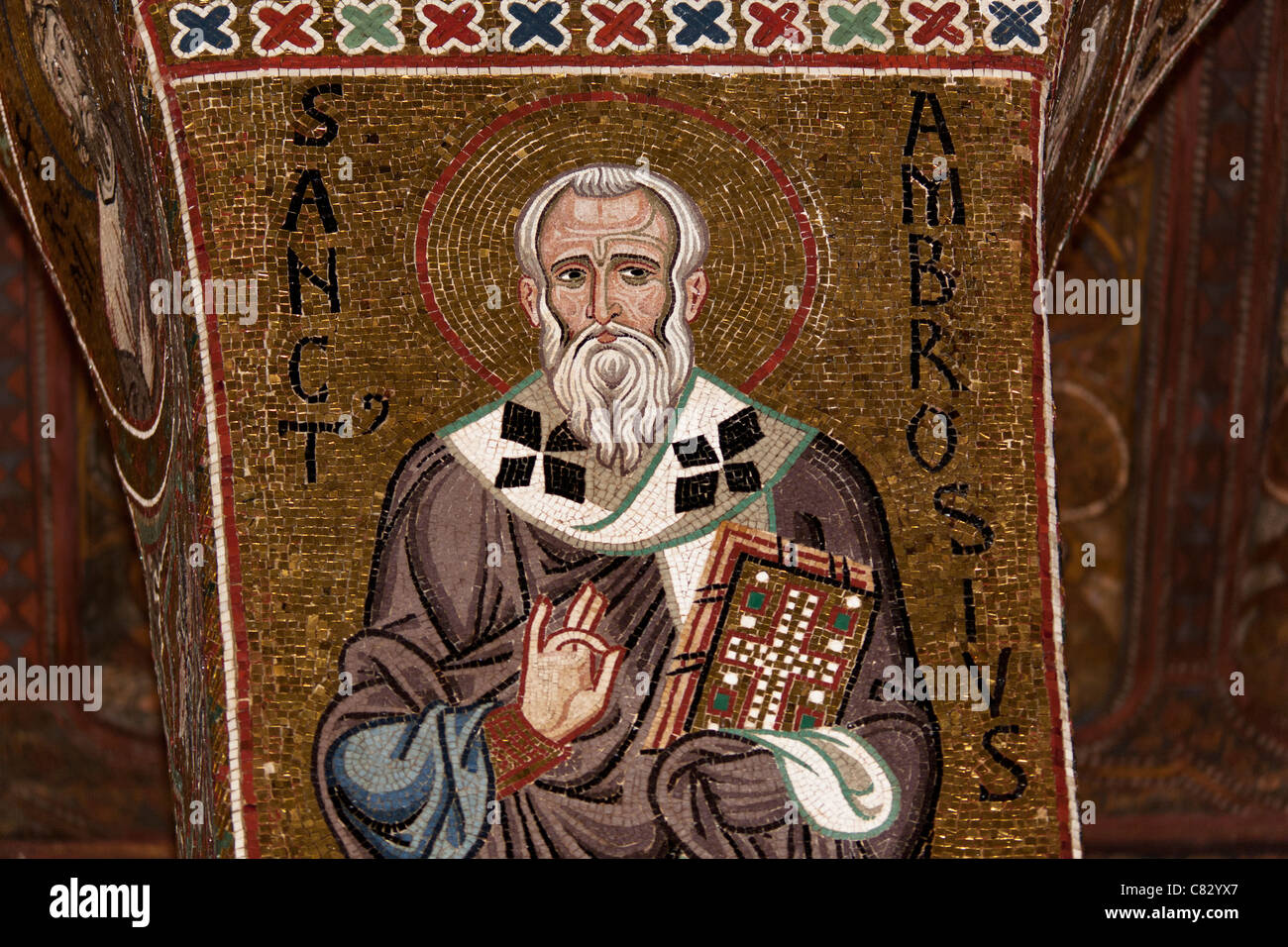 Saint Ambrosius mosaic in Cappella Palatina, Palazzo dei Normanni, Palermo, Sicily, Italy Stock Photo