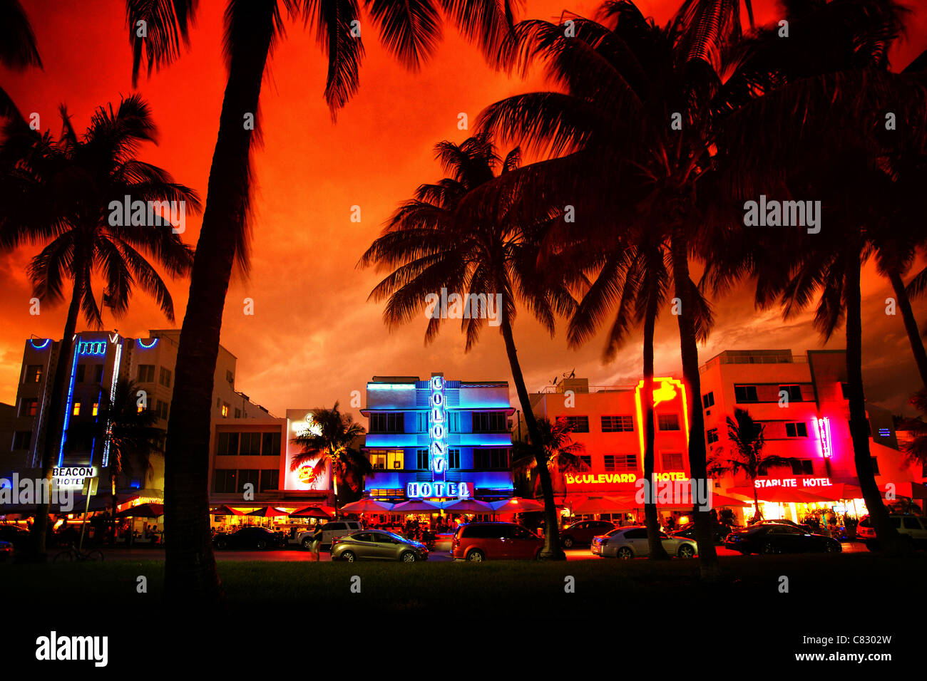 Art deco hotels with neon lights on Miami Beach at sunset Stock Photo