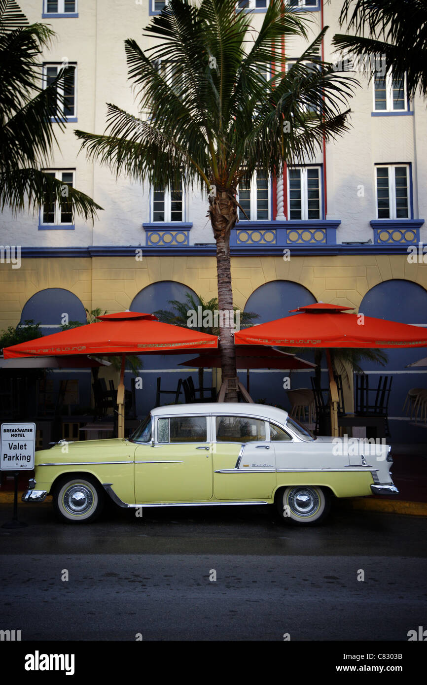 classic 1950's car in front of hotel in miami beach, florida Stock Photo
