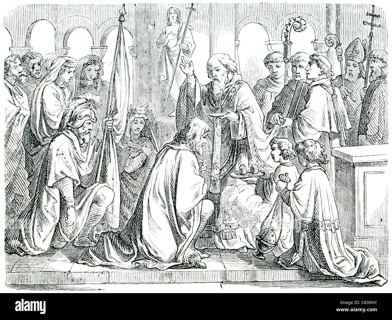 Old engraving. Saint Remigius baptizes Clovis I. The book 'History of the Christian Religion', 1880 Stock Photo