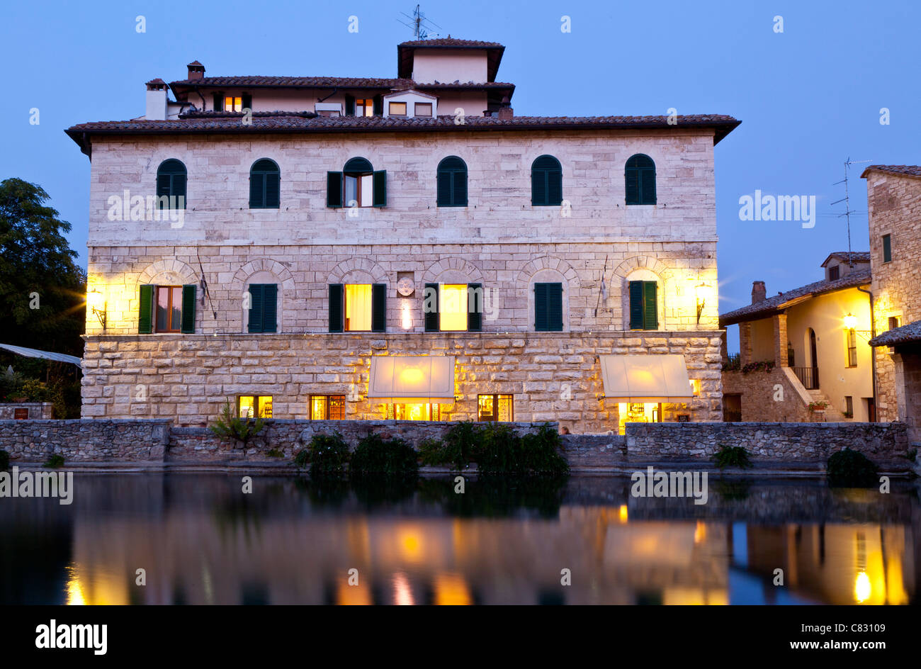 Night scene in Bagno Bignoni, Tuscany. Stock Photo