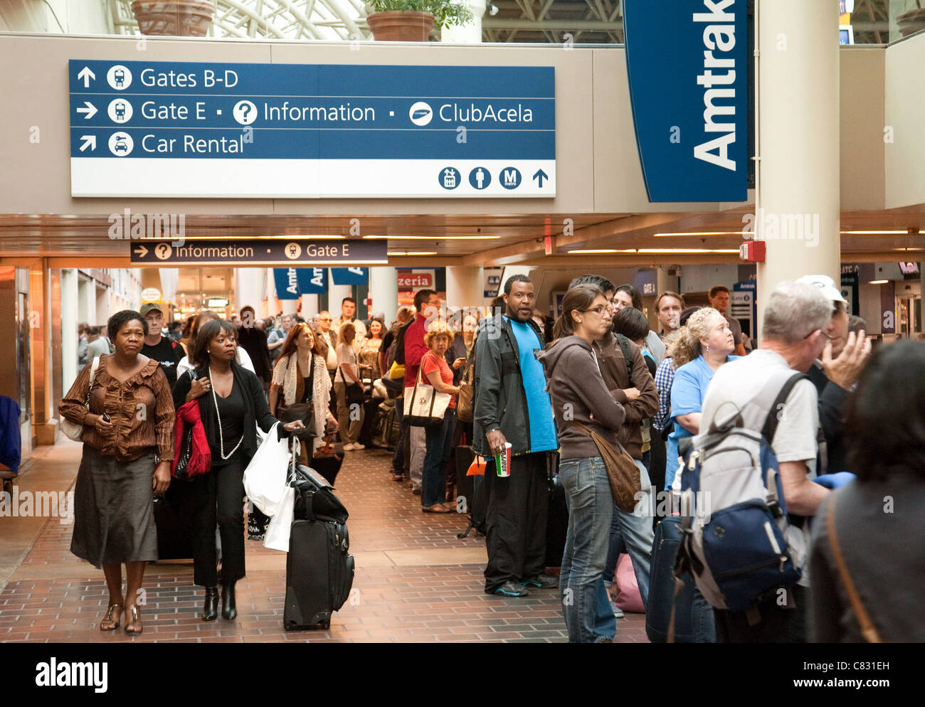 People queuing for the an Amtrak train, Union Station, Washington DC USA Stock Photo