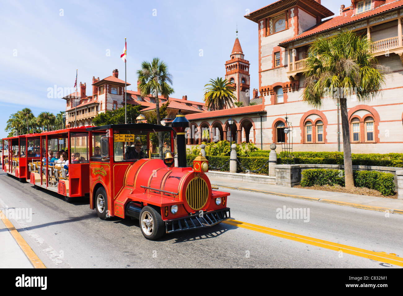 Tourist train trolley ride, Flagler College, St Augustine Stock Photo