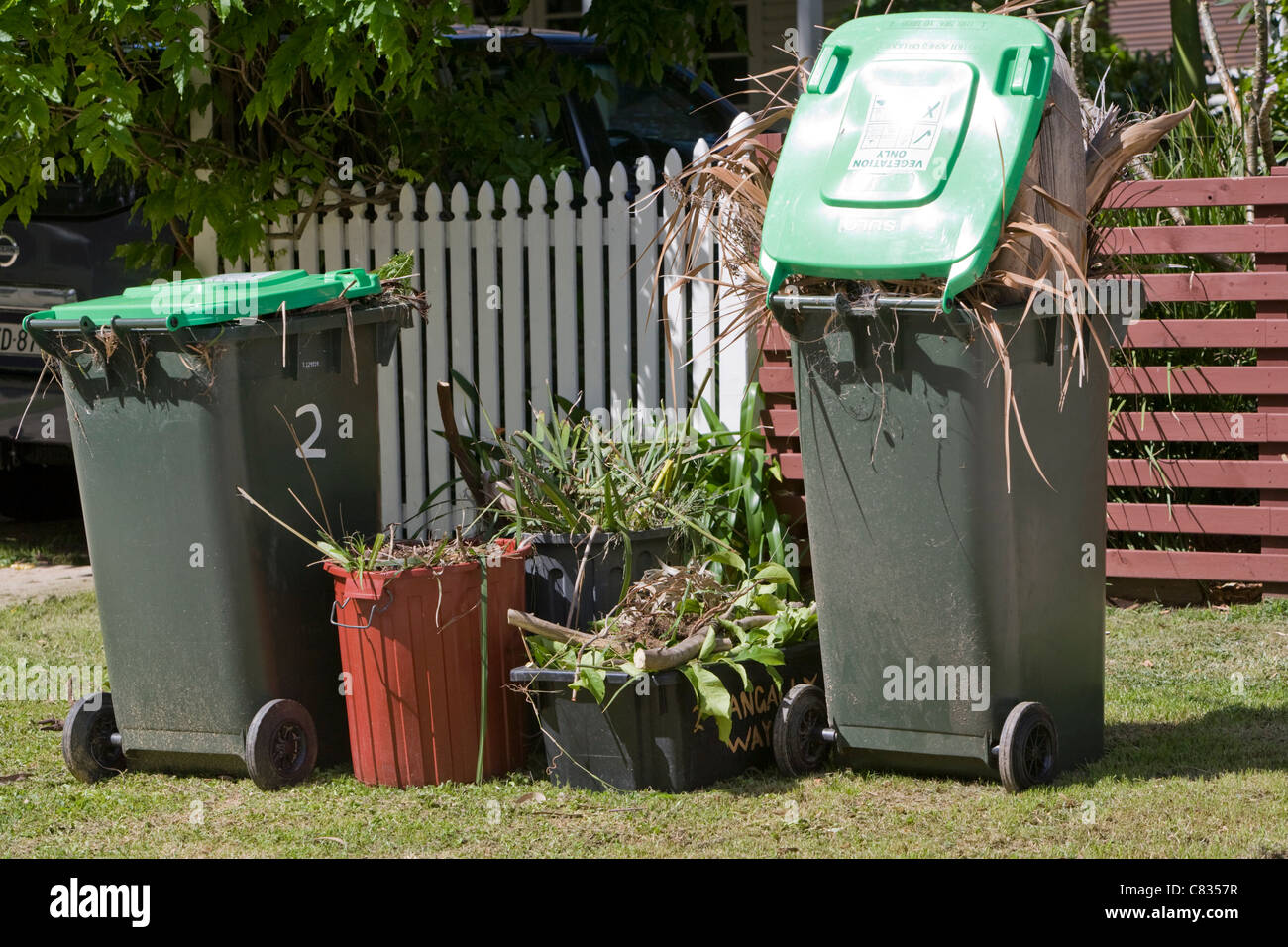garden vegetation and wheelie bins by the roadside awaiting council