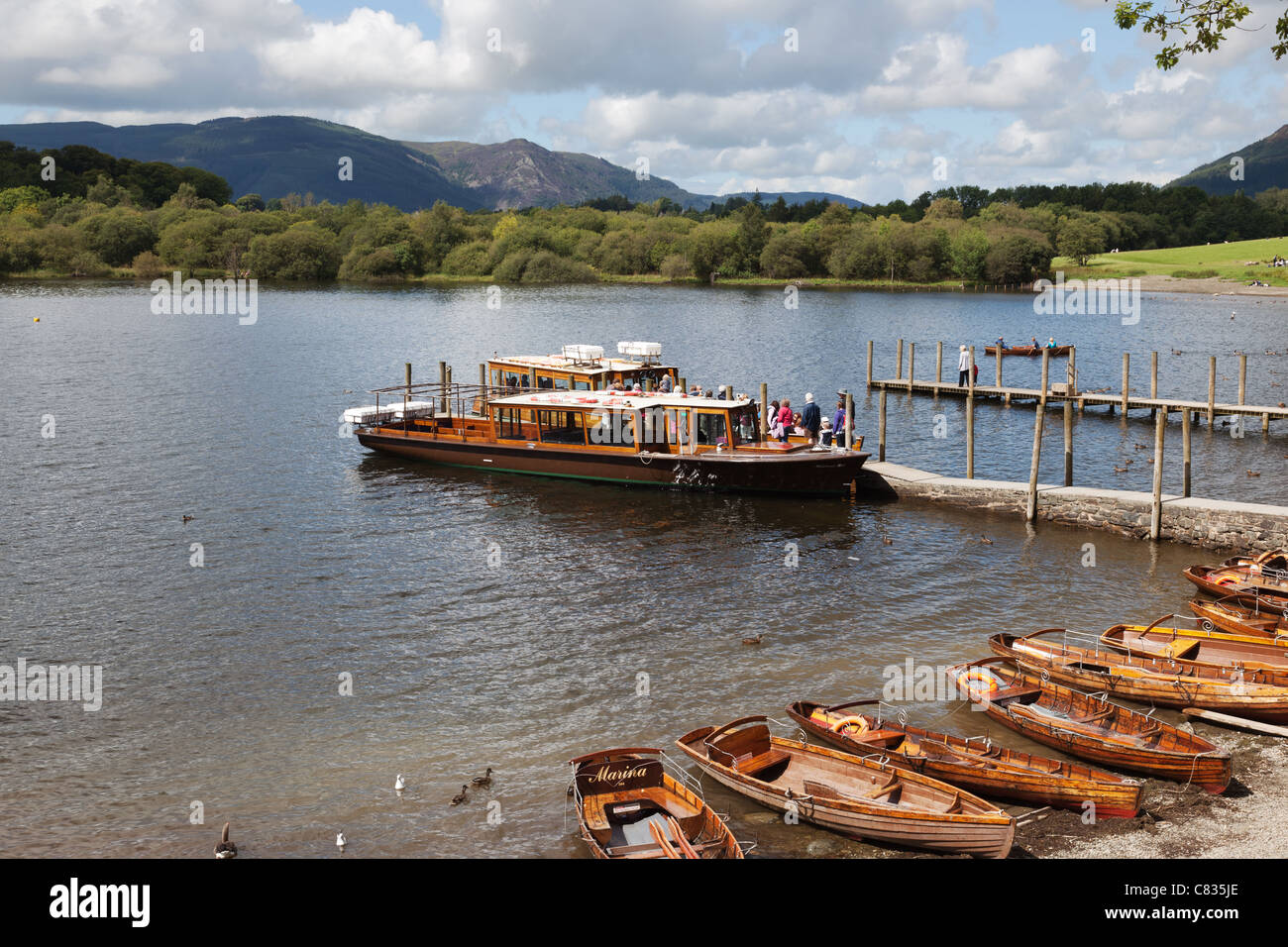 Boat loading with passengers at landings at Derwentwater in Keswick in