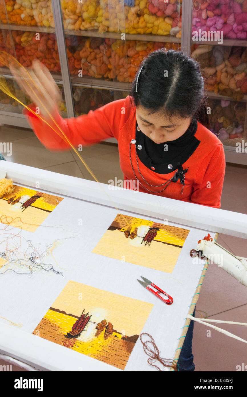 Vietnam, Halong Bay, Halong City, Girls Making Needlework Picture Stock Photo