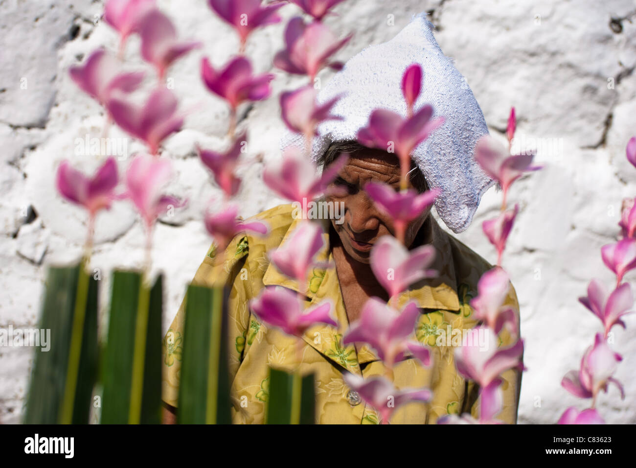 A Salvadoran woman seen through palm branches during the procession of the Flower & Palm Festival in El Salvador. Stock Photo