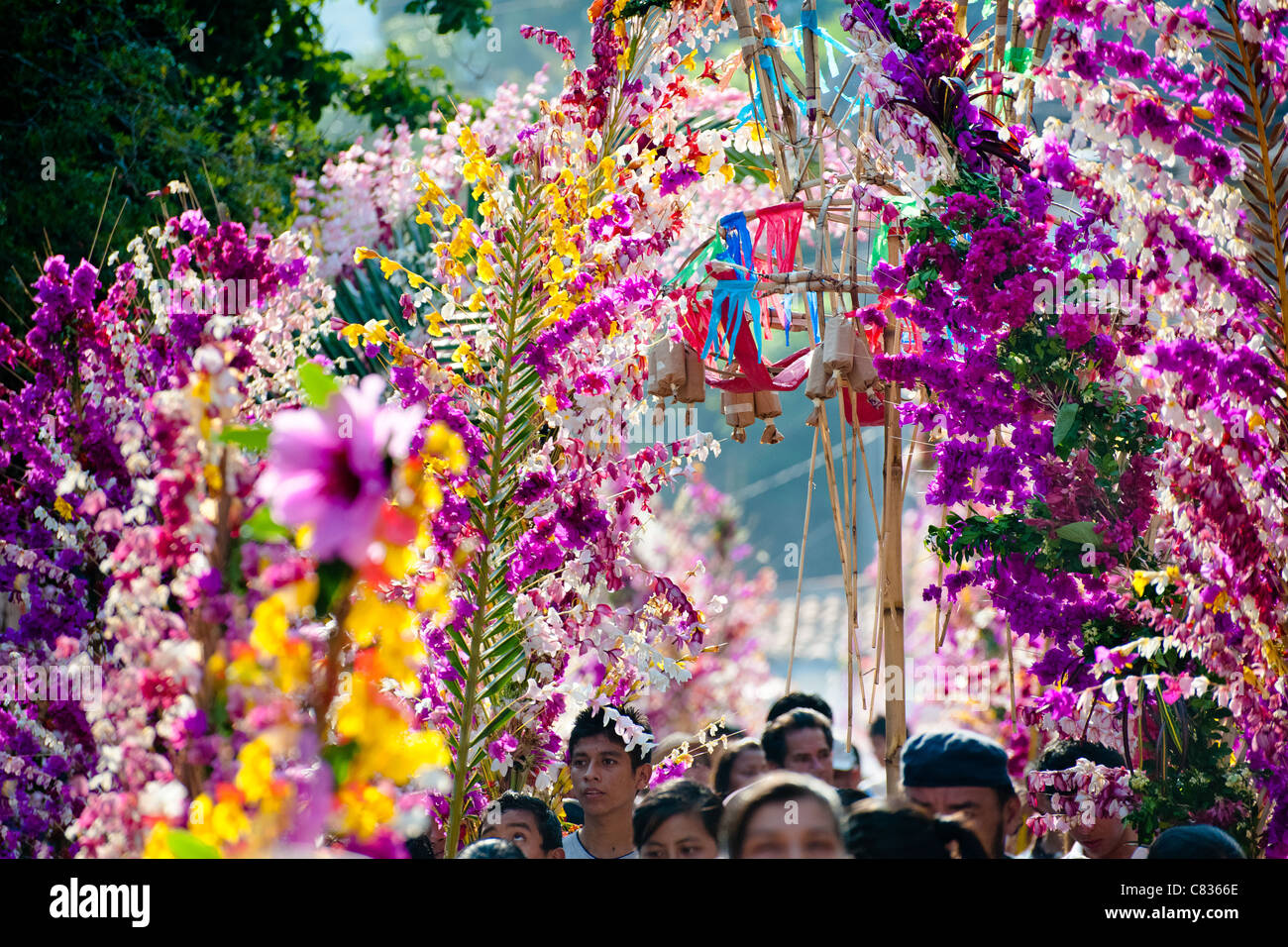 Salvadoran people carry palm branches with colorful flower blooms during the Flower & Palm Festival in El Salvador. Stock Photo