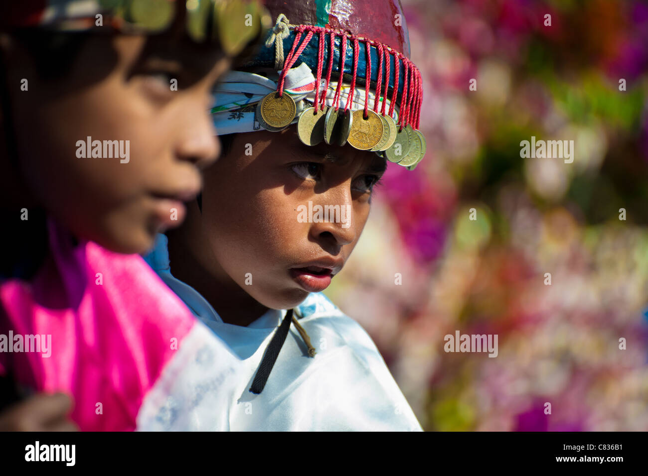Salvadoran boys perform the traditional dance during the Flower & Palm Festival in Panchimalco, El Salvador. Stock Photo