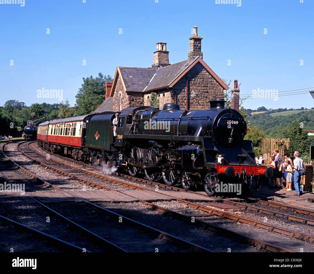 British Railways Standard Class 4 4-6-0, Severn Valley Railway, Highley, Shropshire, England, UK, Western Europe. Stock Photo