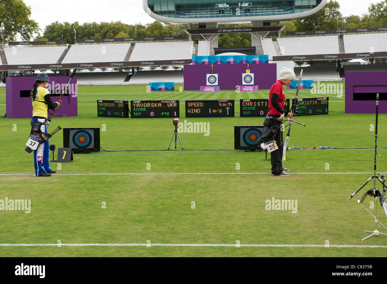 Archers compete in front of Lords Pavillion, London Archery Classic, part of the LOndon Prepares