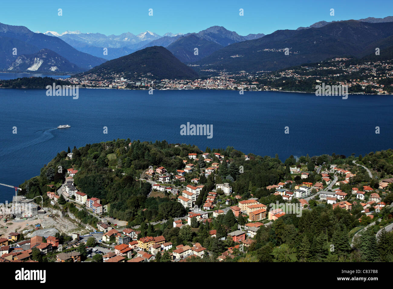 Laveno-Mombello, Lake Maggiore and Verbania on the other side of the lake with the Alps in the background Stock Photo