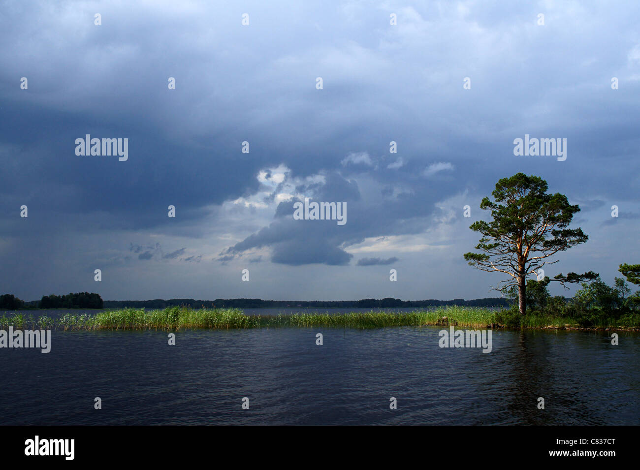 Dark rainclouds over the Hedesundafjord, Hedesunda, Sweden Stock Photo