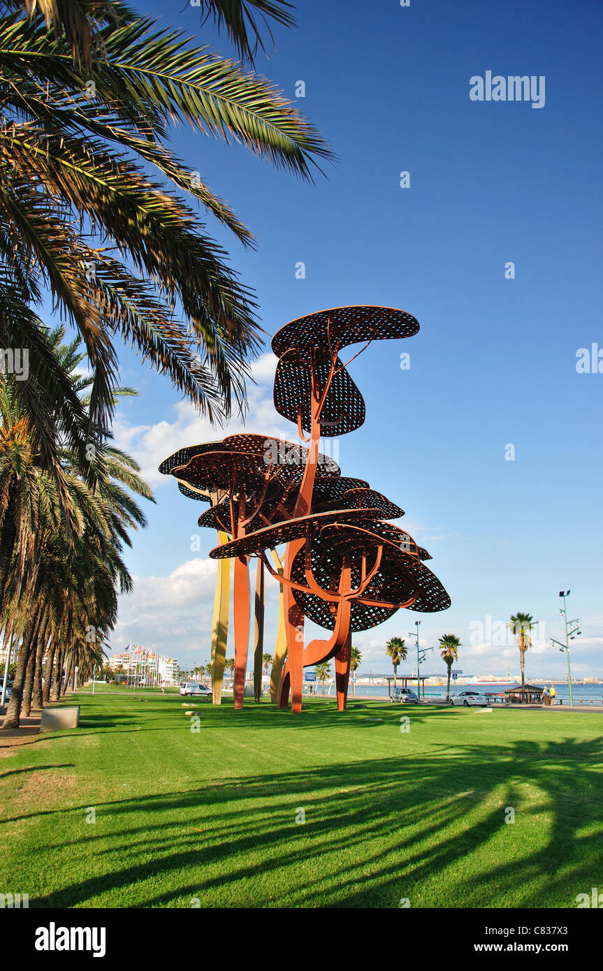 Pine sculptures by Sergi Aguilar on waterfront, La Pineda Platja, Costa ...