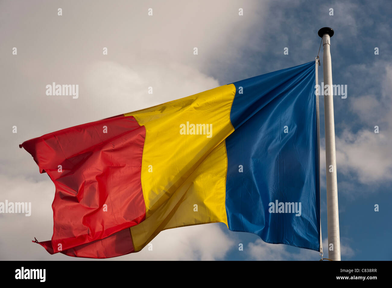 Romania  flag flying in the wind Stock Photo