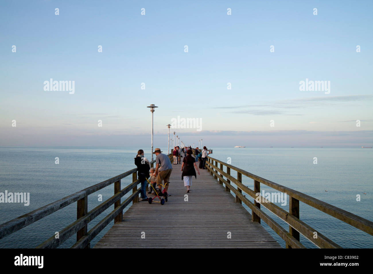 the Seebruecke or Pier at the baltic beach of the seaside resort Ahlbeck, Usedom island, Mecklenburg-Vorpommern, Germany Stock Photo