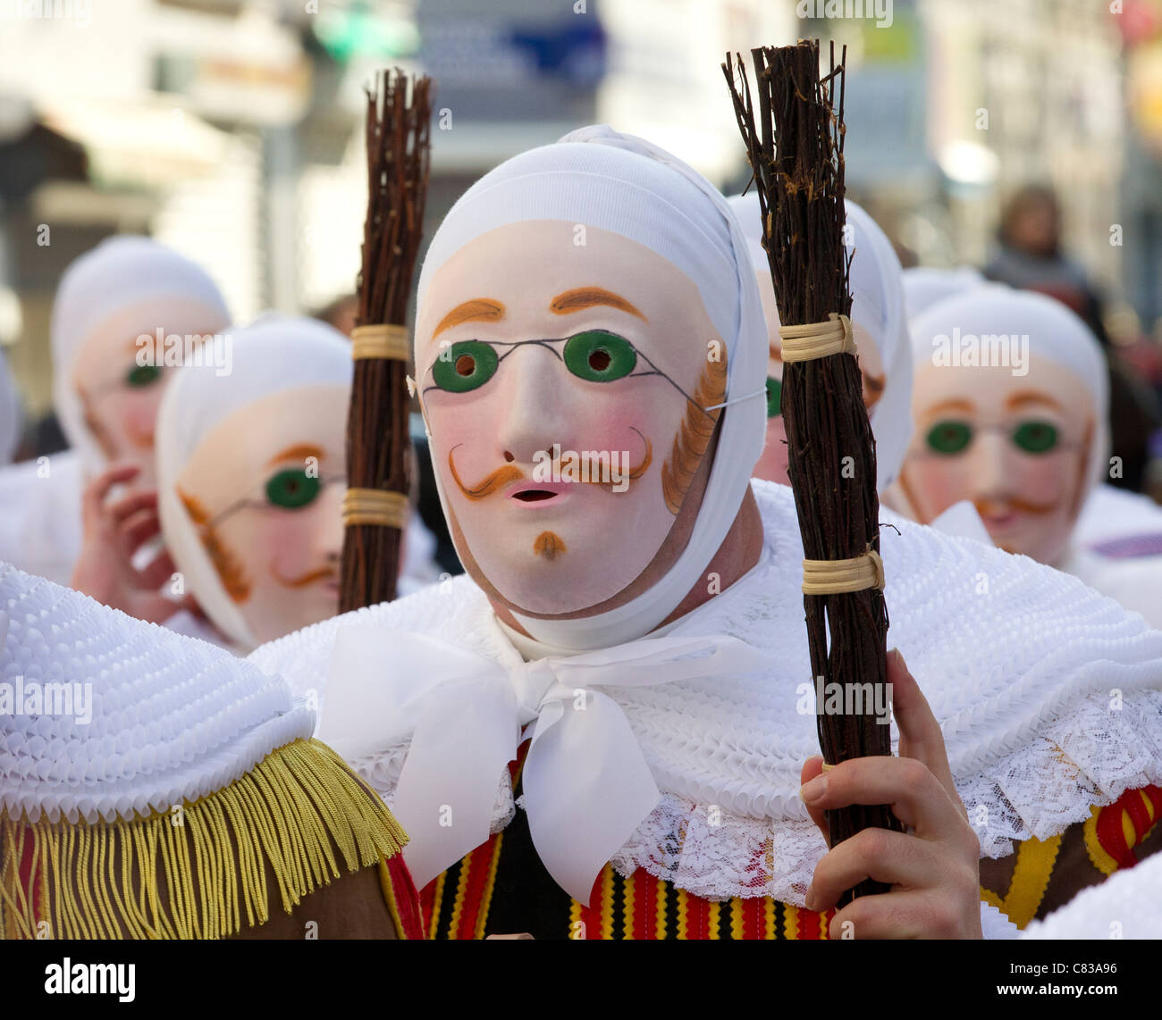 festival carnival participants binche belgium traditional head dress costume costumes people dance display color colour colorful Stock Photo