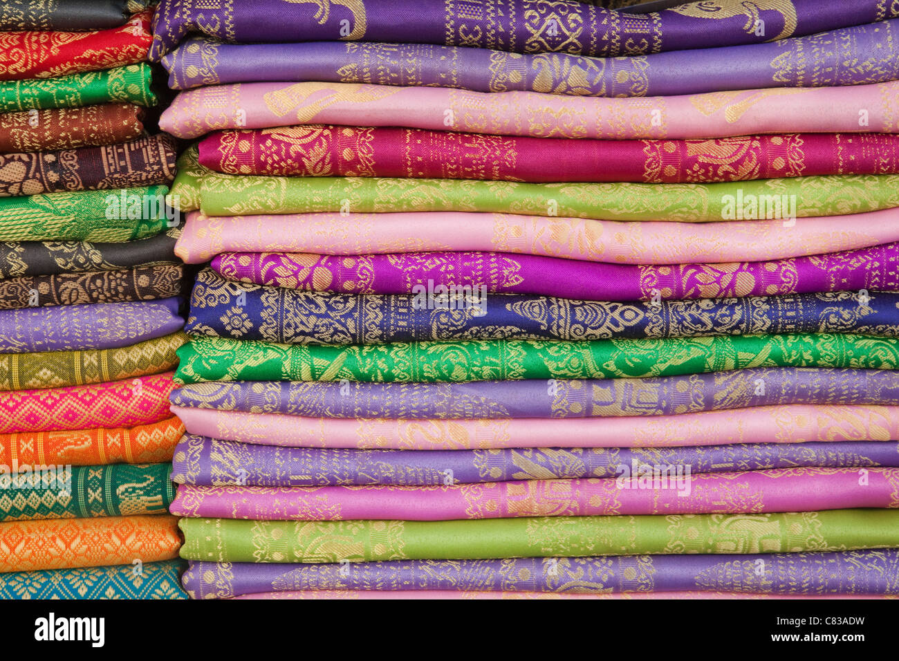 Cambodia, Phnom Penh, Russian Market, Material and Silk Shop, Detail of Silk Fabrics Stock Photo