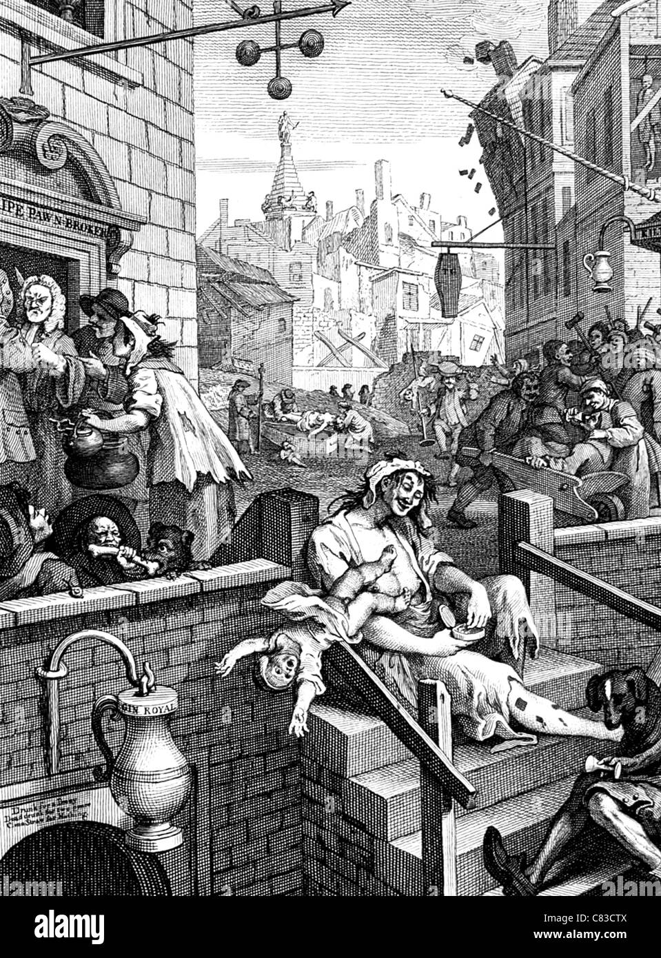 GIN LANE   1751 engraving by William Hogarth Stock Photo