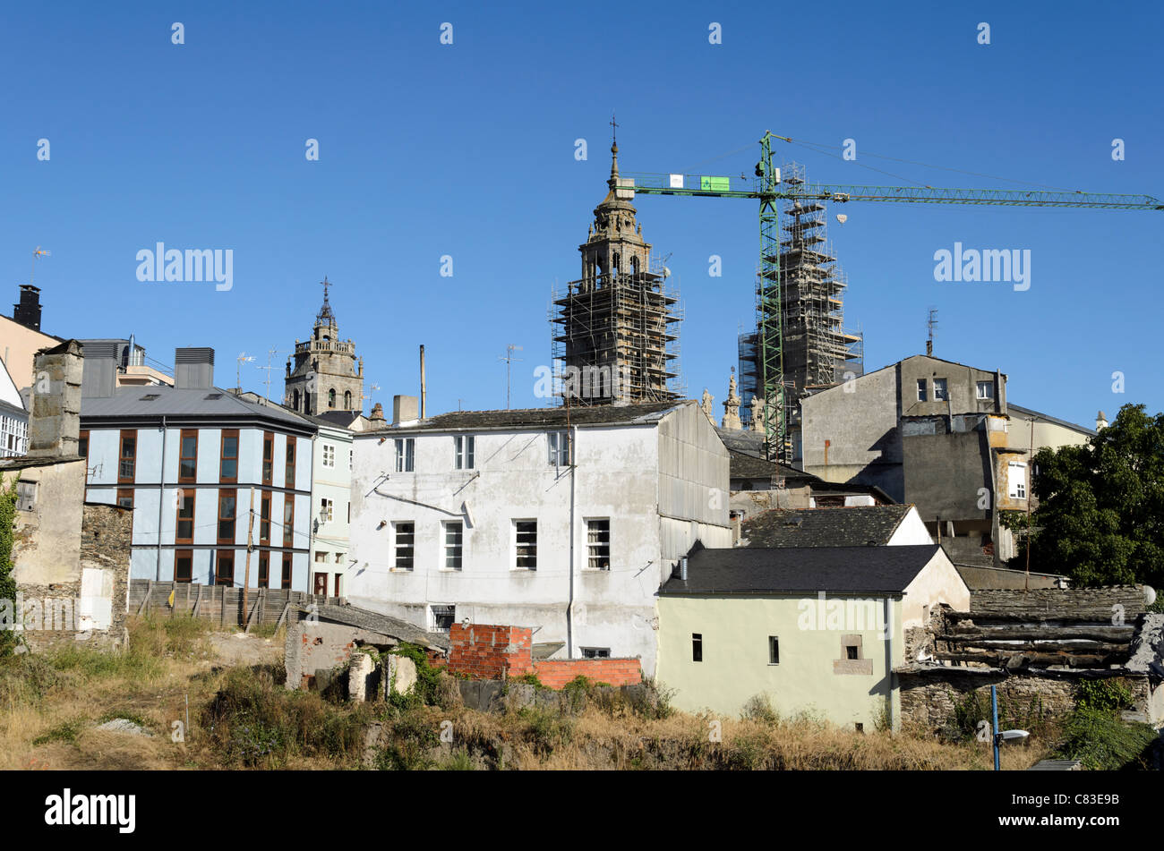 View from the Roman wall of Lugo and its Cathedral Stock Photo