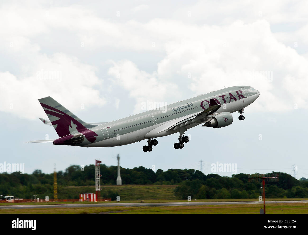 Qatar Airways Airbus A330-202 Airliner A7-ACG Taking Off for Doha From Manchester International Airport England United Kingdom Stock Photo