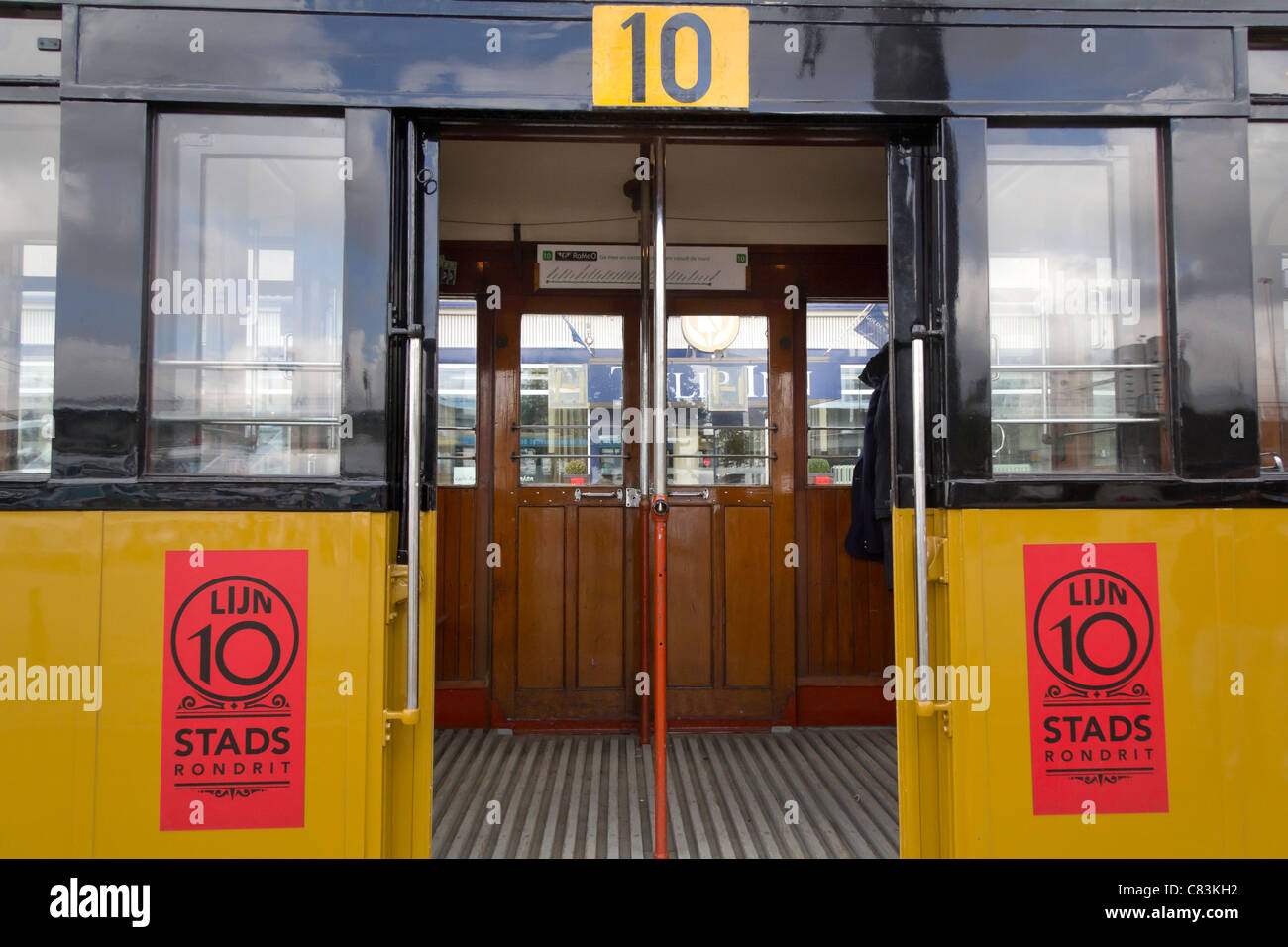 The historical tram in Rotterdam is a vintage streetcar thatoperates on line 10. Rotterdam, The Netherlands Stock Photo