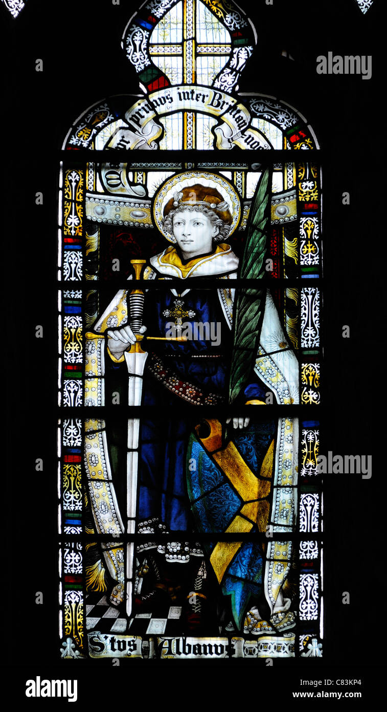 Stained glass window of St Alban in the Cathedral and Abbey Church of St Alban Stock Photo