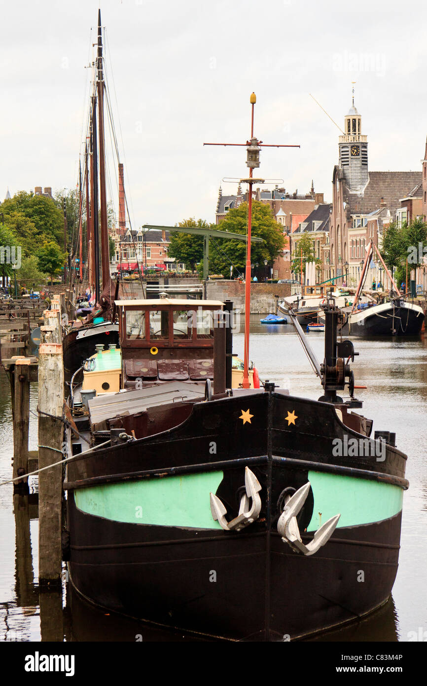 Wooden Dutch sailing barges in the harbour at Delfshaven, Rotterdam