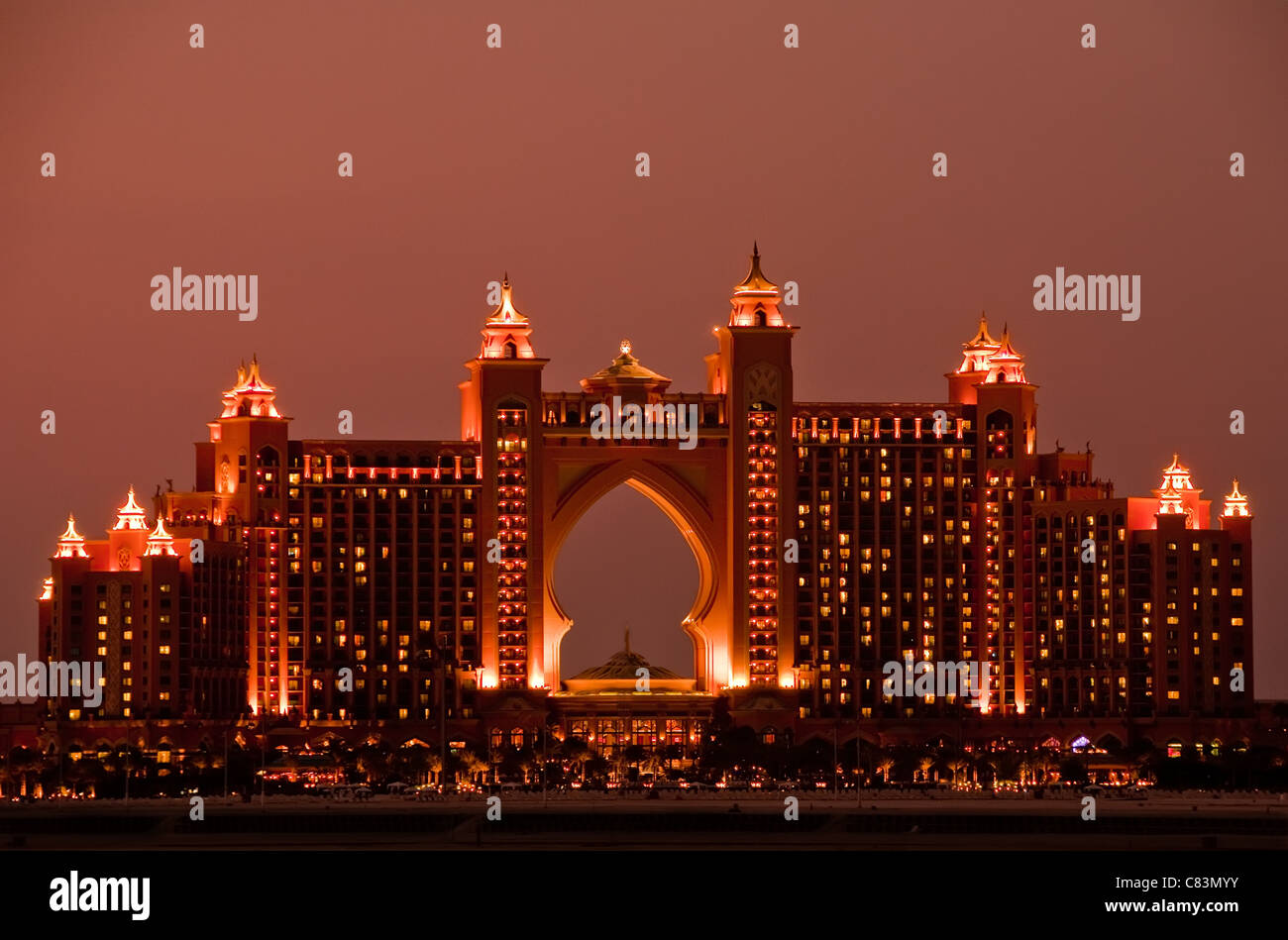 The Atlantis Hotel at dusk, taken from the Palm, Dubai Stock Photo