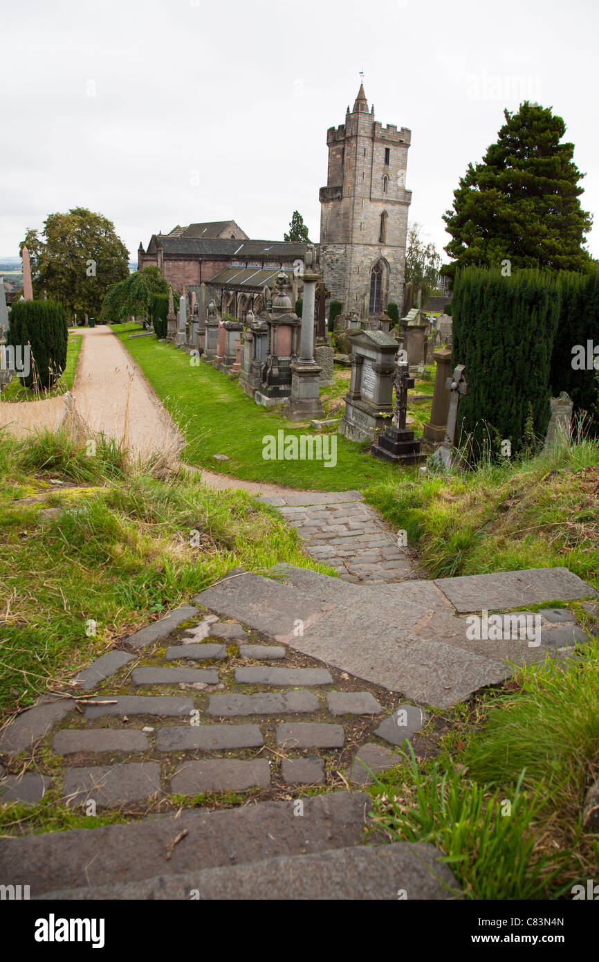 Steps leading to the Church of the Holy Rude in Stirling. Scotland, Scottish graveyard with headstones and crosses Stock Photo
