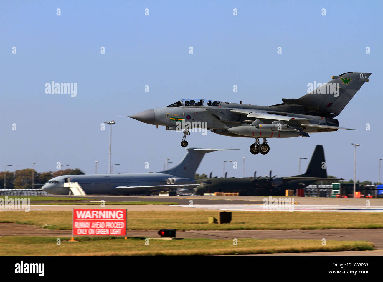 The Tornado GR4 is a variable geometry, two-seat, day or night, all-weather attack aircraft, Landing at RAF Waddington Lincoln. Stock Photo