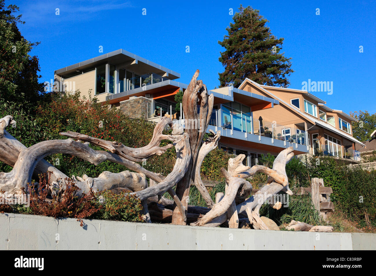 Driftwood art display in front of beach houses Stock Photo