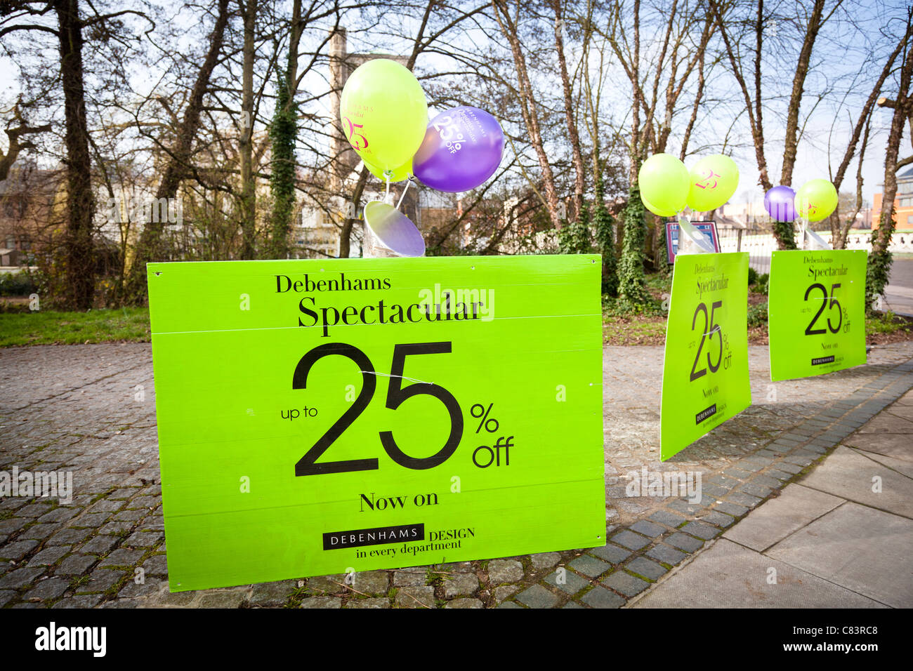 Large department store sale signs and balloons, Debenhams, Guildford
