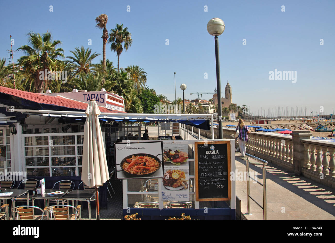 Beach restaurant, Platja de la Ribera, Sitges, Province of Barcelona, Catalonia, Spain Stock Photo
