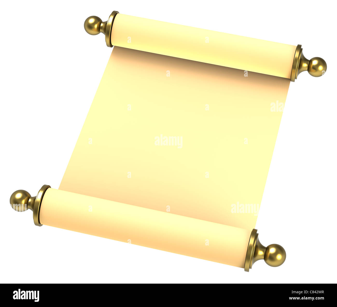 Scroll paper with golden handles over white Stock Photo