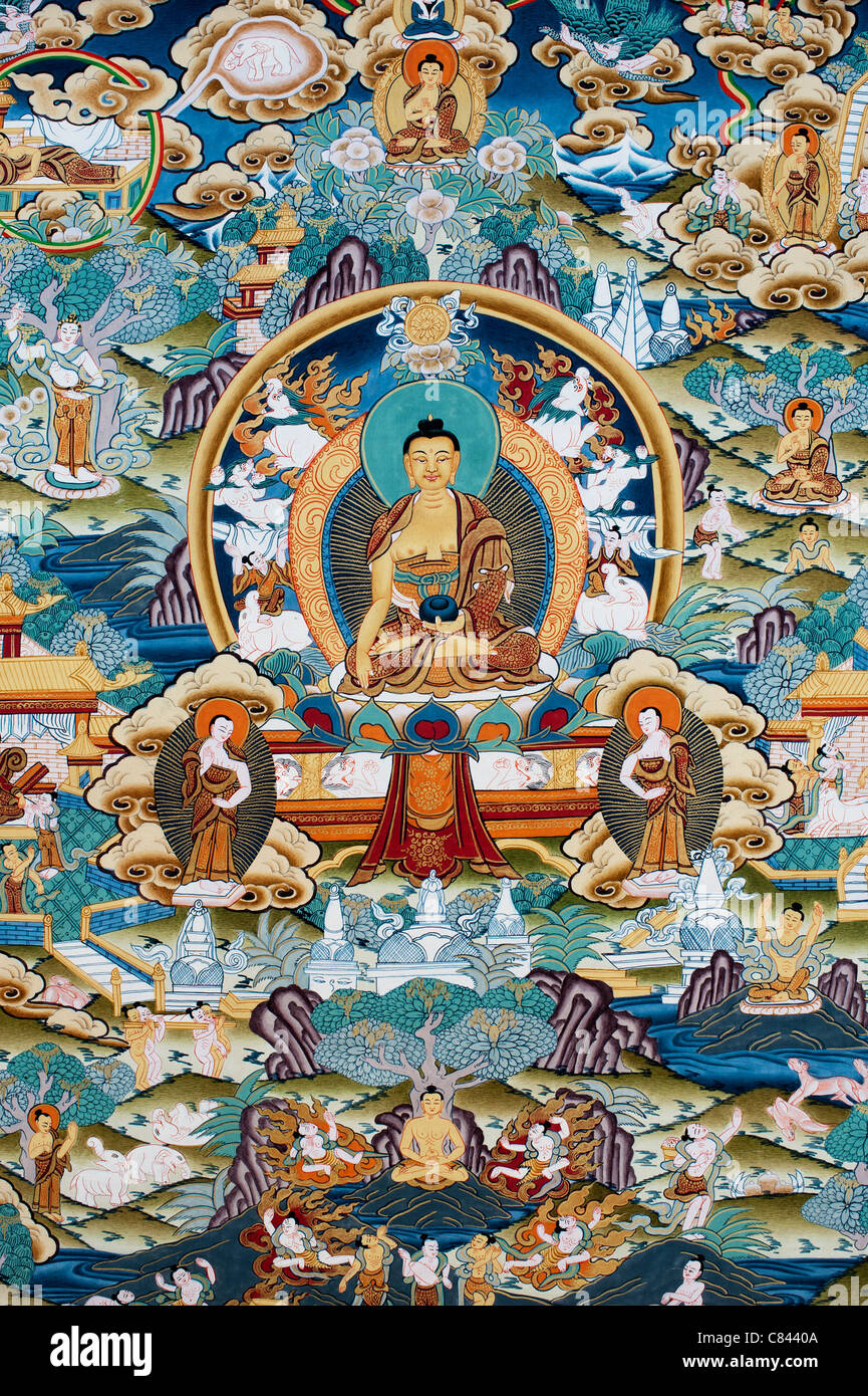 Colourful Tibetan Buddhist Thangka / Tanka Painting. Medicine Buddha ...