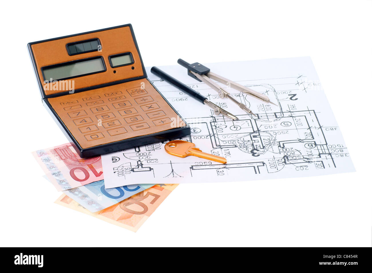 brown calculator, compass, project, euromoney, bill Stock Photo