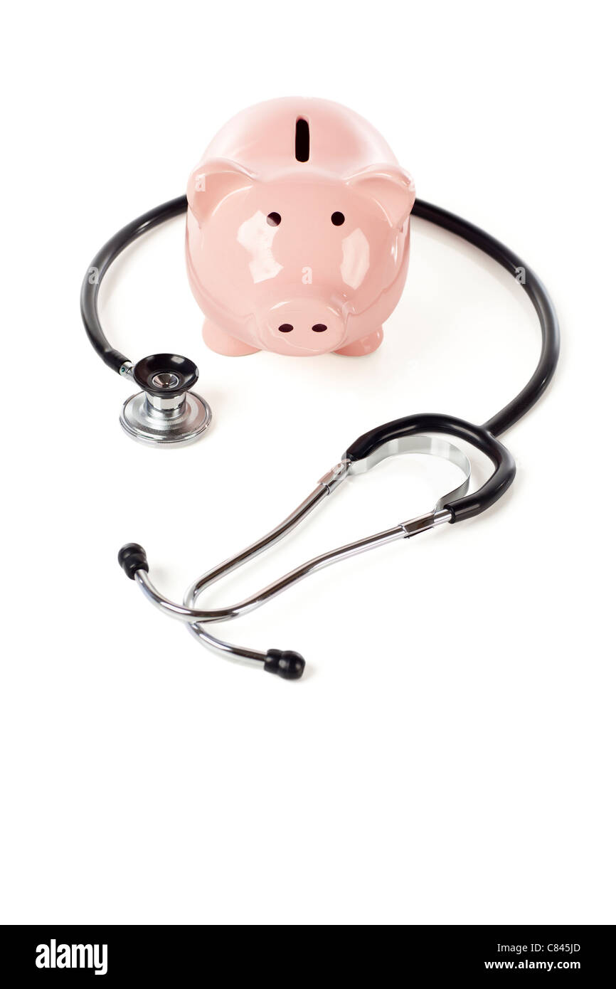 Piggy Bank and Stethoscope Isolated on a White Background. Stock Photo