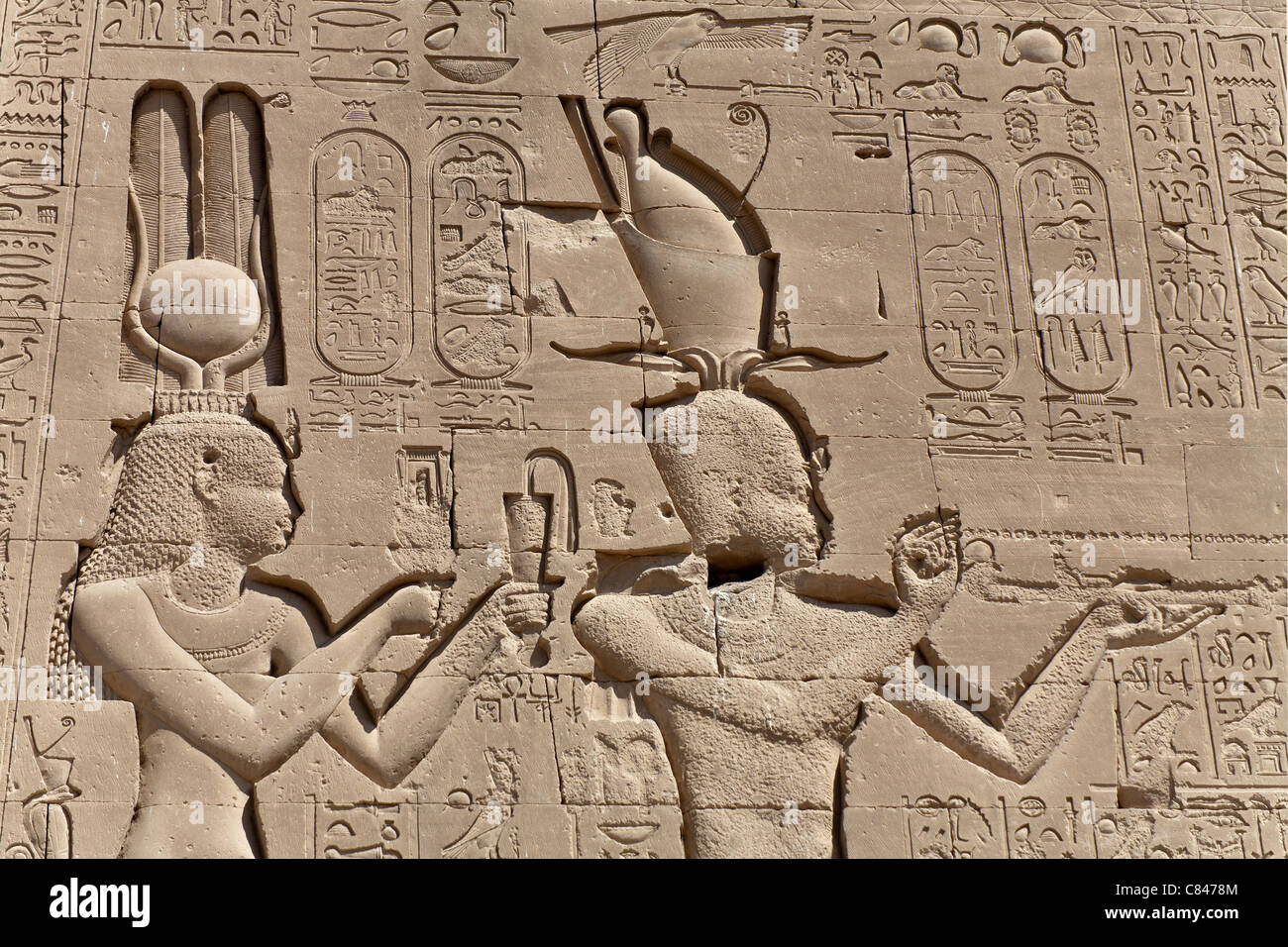 Details of Dendera Temple showing the relief of Cleopatra VII and her son Caesarion Stock Photo
