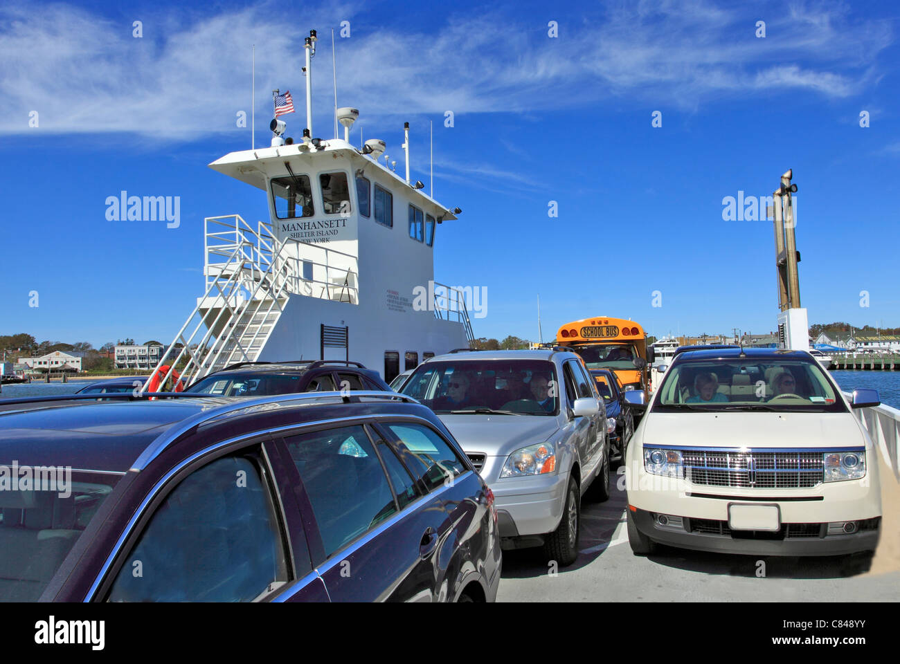 Passengers and cars ready to disembark ferry from Greenport to Shelter