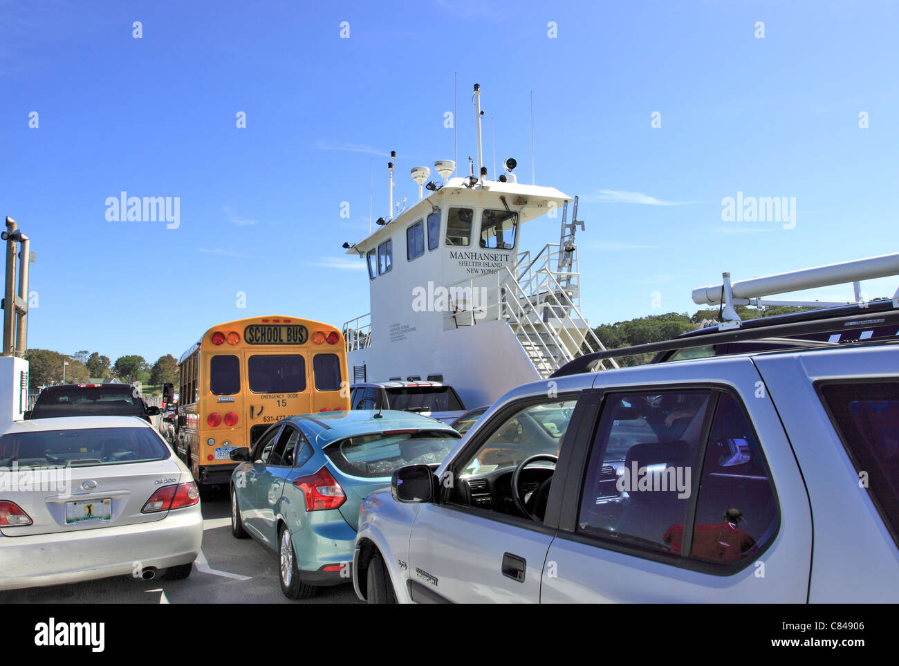 Passengers and cars on ferry from Greenport to Shelter Island Long